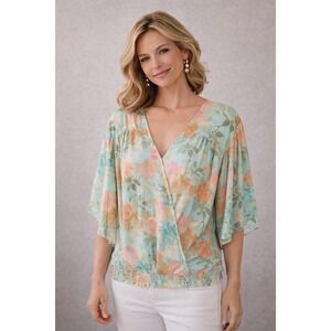 Cato Womens Floral‎ Surplice Blouse Mint Green Smocked Waist Plus Size 22/24W